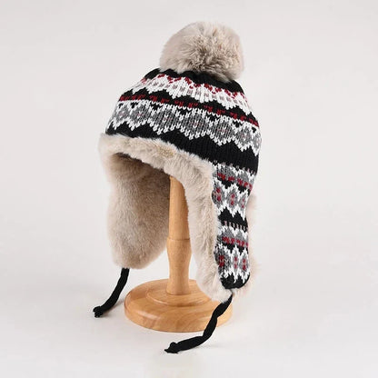 Women’s Fair Isle Trapper Hat – Plush-Lined Knit Winter Cap with Pom-Pom and Ear Flaps