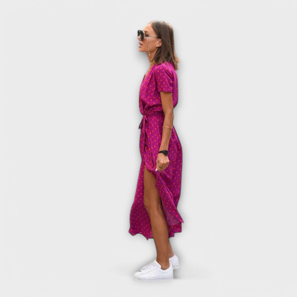 Women’s Printed Belted Maxi Dress – Relaxed V-Neck Summer Style for Travel and Day Plans