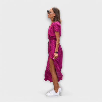 Women’s Printed Belted Maxi Dress – Relaxed V-Neck Summer Style for Travel and Day Plans