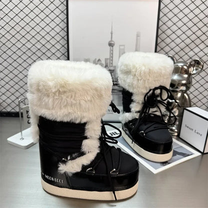 Women’s Water-Repellent Plush-Trim Snow Boots – Lace-Up Chunky-Sole Winter Boots