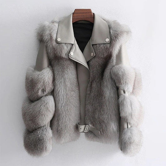 Women’s Faux-Fur Panelled Biker Jacket – Cropped Faux-Leather Winter Layer with Statement Plush Trim