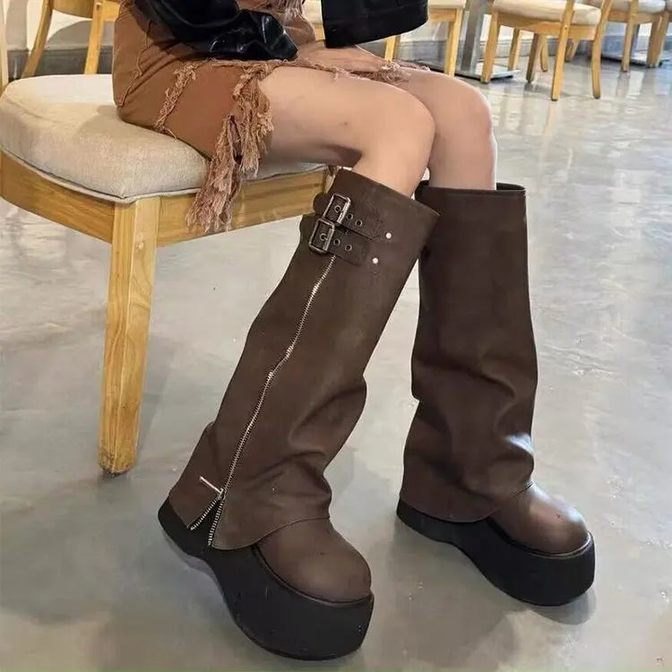 Women’s Slouchy Platform Knee-High Boots – Side-Zip Winter Boots with Buckle Detail