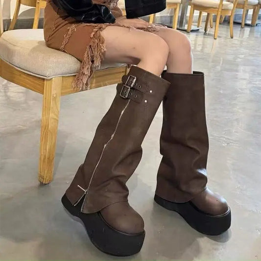 Women’s Slouchy Platform Knee-High Boots – Side-Zip Winter Boots with Buckle Detail