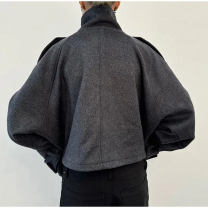 Women’s Oversized High-Neck Winter Jacket – Relaxed Drop-Shoulder Button-Front Coat with Utility Epaulettes