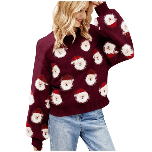 Women’s Festive Printed Sweater – Relaxed Crew Neck Knit for Christmas Parties