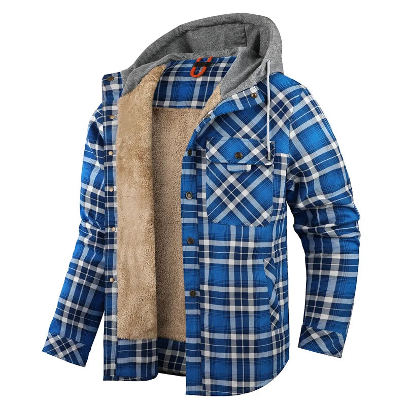 Men’s Hooded Fleece-Lined Plaid Shirt Jacket – Warm Button-Up Winter Overshirt