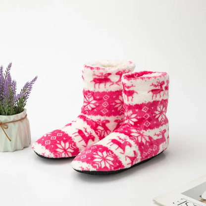 Women’s Festive Slipper Boots – Plush Winter House Shoes with Fold-Over Cuffs