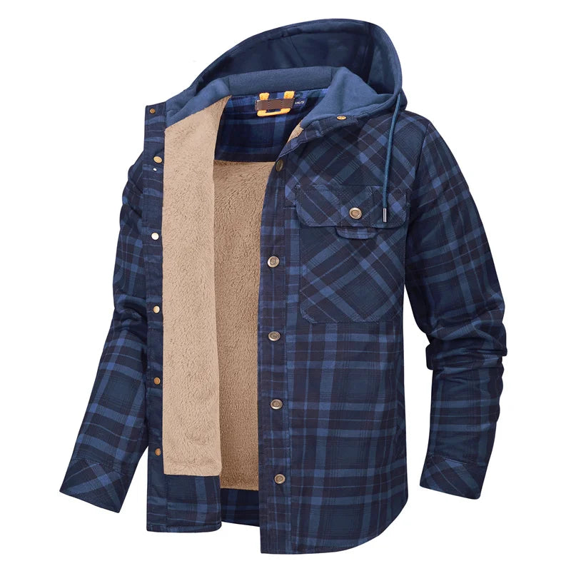 Men’s Hooded Fleece-Lined Plaid Shirt Jacket – Warm Button-Up Winter Overshirt