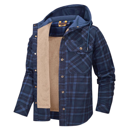 Men’s Hooded Fleece-Lined Plaid Shirt Jacket – Warm Button-Up Winter Overshirt