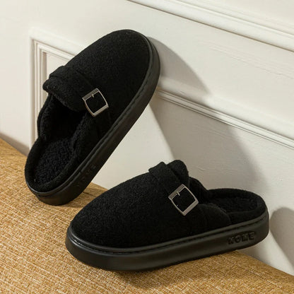 Men’s Buckle Clog Slippers – Warm Fleece-Lined House Shoes with Thick Cushioned Sole