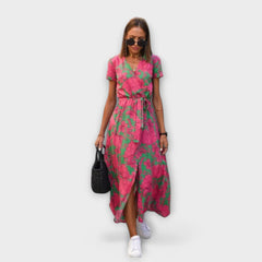 Women’s Printed Belted Maxi Dress – Relaxed V-Neck Summer Style for Travel and Day Plans