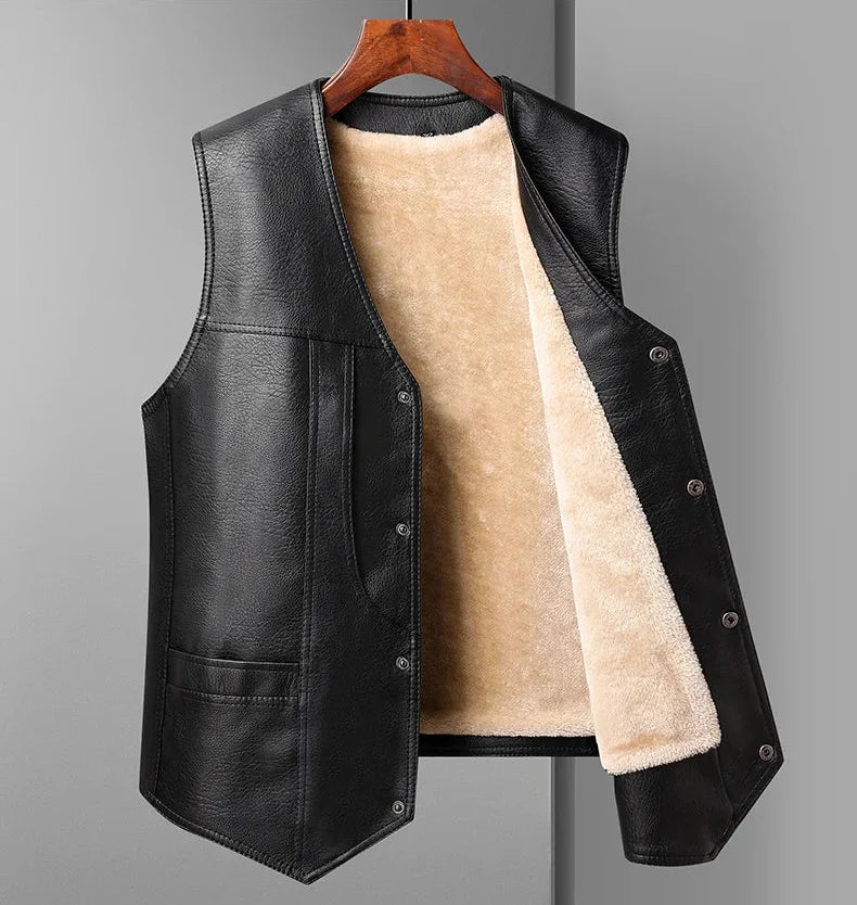 Men’s Fleece-Lined Leather Winter Vest – Warm V-Neck Sleeveless Waistcoat for Casual Cold-Weather Layering