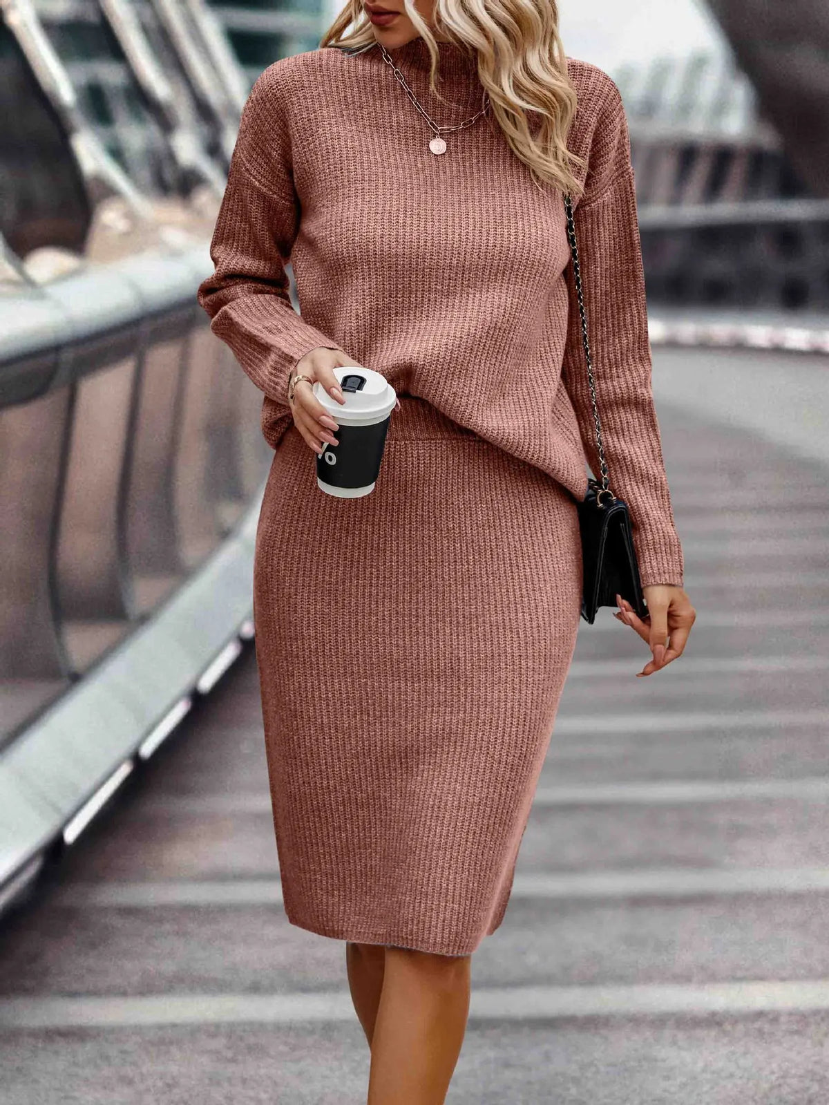 Women’s Knitted Set – Stand-Collar Jumper with Midi Skirt