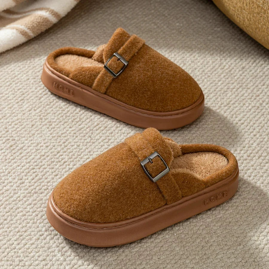 Men’s Buckle Clog Slippers – Warm Fleece-Lined House Shoes with Thick Cushioned Sole