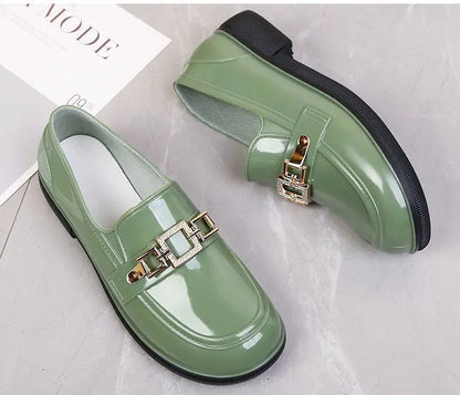 Women’s Waterproof Rain Loafers – Glossy Slip-On Shoes with Decorative Chain and Non-Slip Sole
