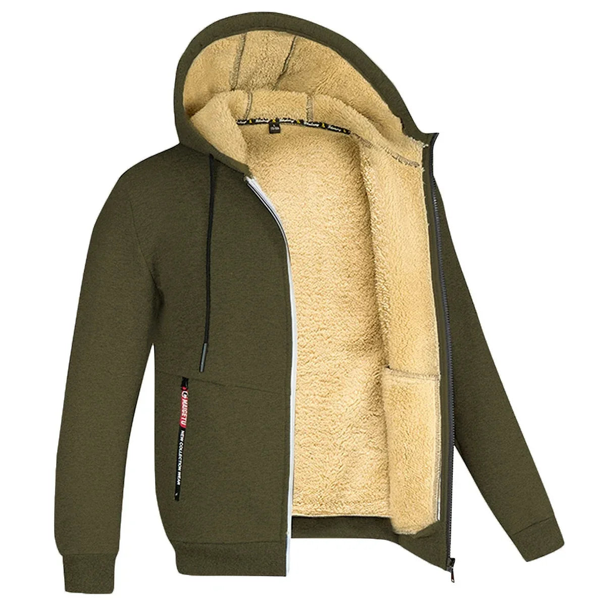 Men’s Plush Hooded Fleece Jacket – Thick Zip-Up Winter Layer with Ribbed Cuffs