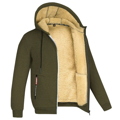Men’s Plush Hooded Fleece Jacket – Thick Zip-Up Winter Layer with Ribbed Cuffs