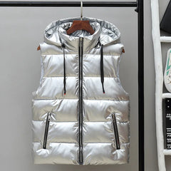 Men’s Hooded Puffer Winter Vest – Glossy Padded Sleeveless Zip-Up Gilet with Pockets