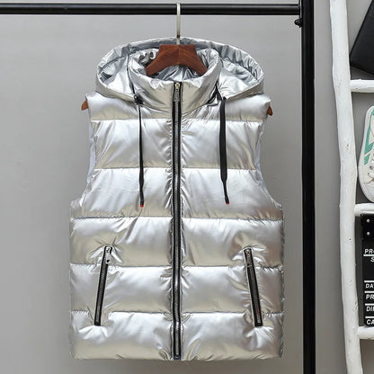 Men’s Hooded Puffer Winter Vest – Glossy Padded Sleeveless Zip-Up Gilet with Pockets