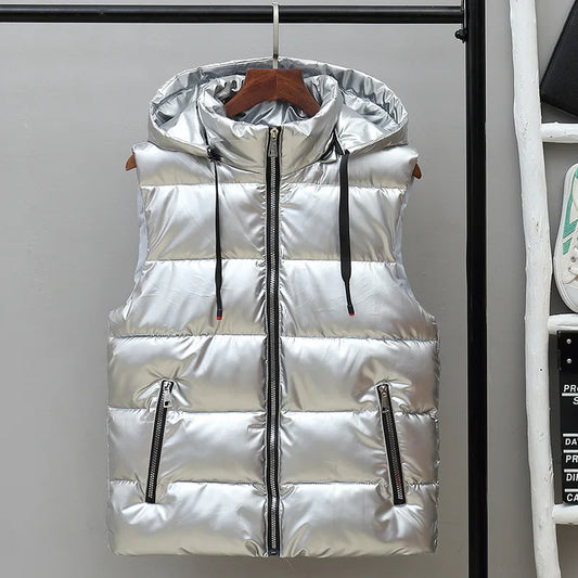 Men’s Hooded Puffer Winter Vest – Glossy Padded Sleeveless Zip-Up Gilet with Pockets