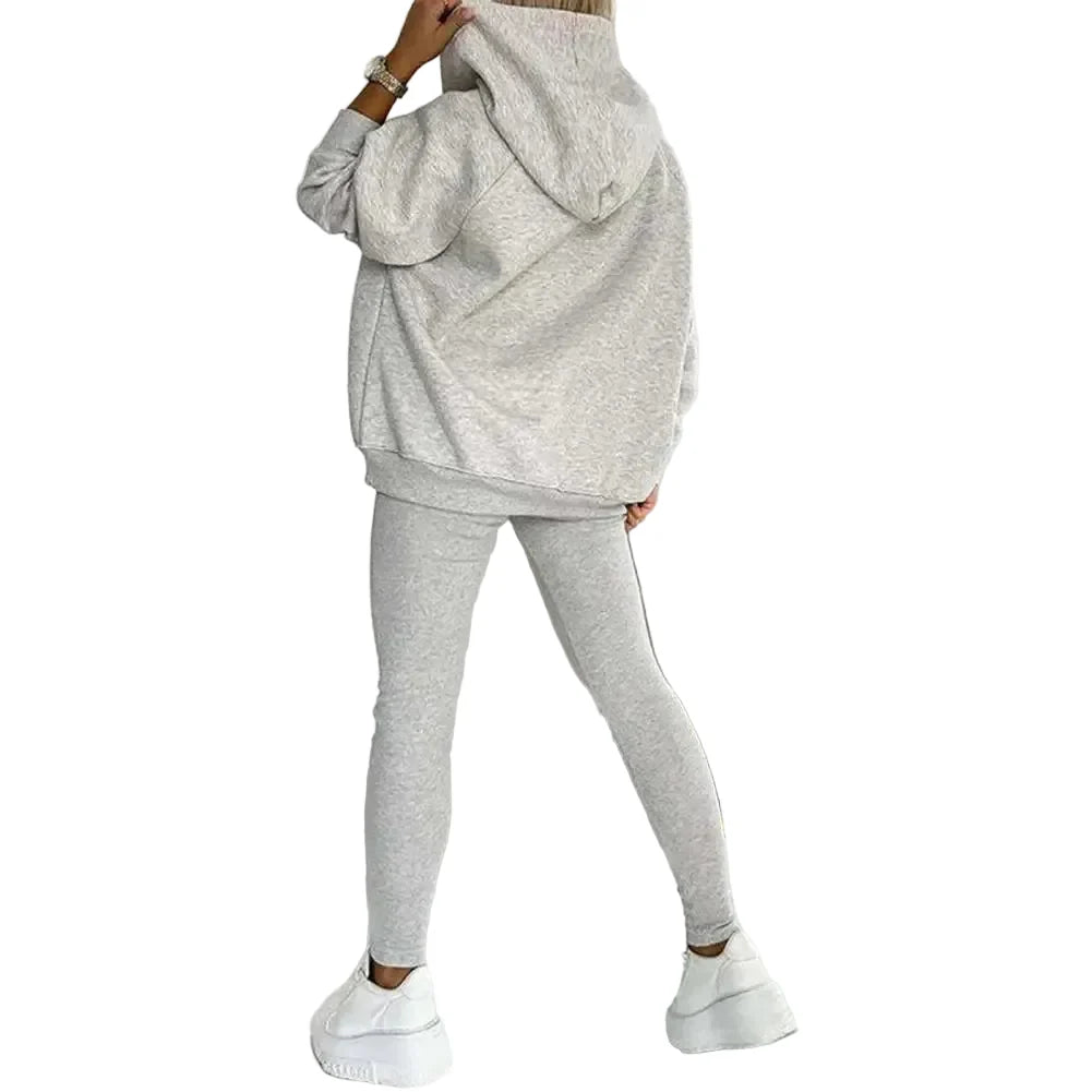 Women’s Three-Piece Lounge Set – Asymmetric Hooded Jacket with Tank Top and Slim Trousers for Casual Streetwear