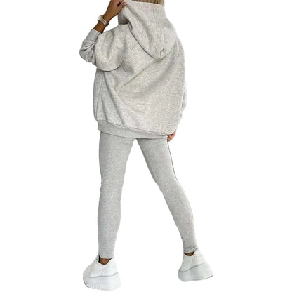 Women’s Three-Piece Lounge Set – Asymmetric Hooded Jacket with Tank Top and Slim Trousers for Casual Streetwear