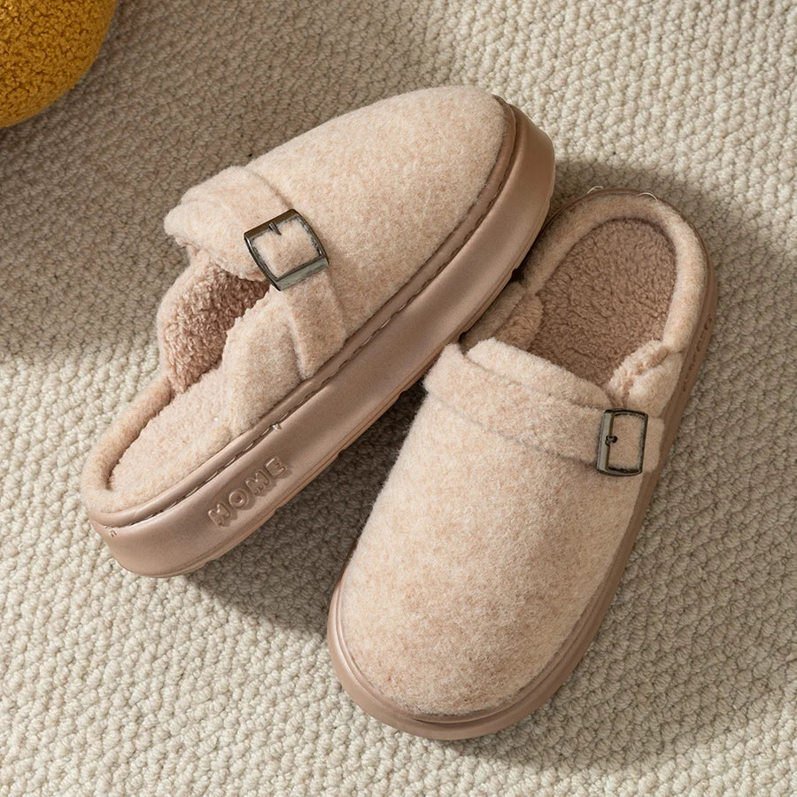 Women’s Plush Indoor Slippers – Buckle-Strap House Shoes with Cushioned Non-Slip Sole