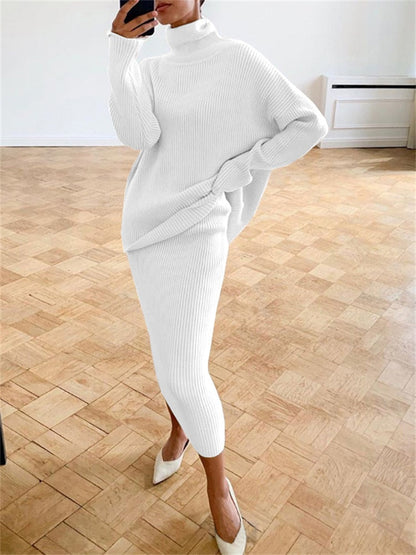 Women’s Turtleneck Knit Skirt Set – Relaxed Long-Sleeve Jumper with Slim Midi Skirt for Autumn Wear