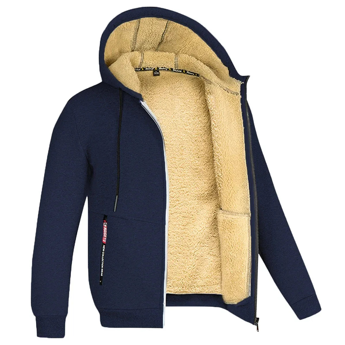 Men’s Plush Hooded Fleece Jacket – Thick Zip-Up Winter Layer with Ribbed Cuffs