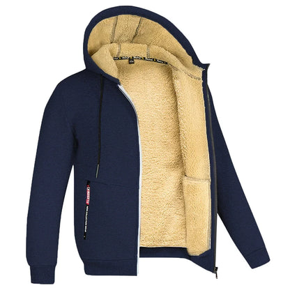 Men’s Plush Hooded Fleece Jacket – Thick Zip-Up Winter Layer with Ribbed Cuffs