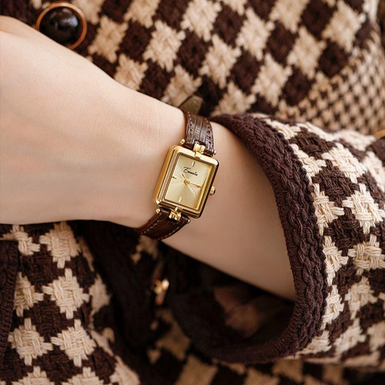 Women’s Square Dial Leather Strap Watch – Gold-Tone Stainless Steel Case with Minimalist Face for Everyday and Occasion Wear