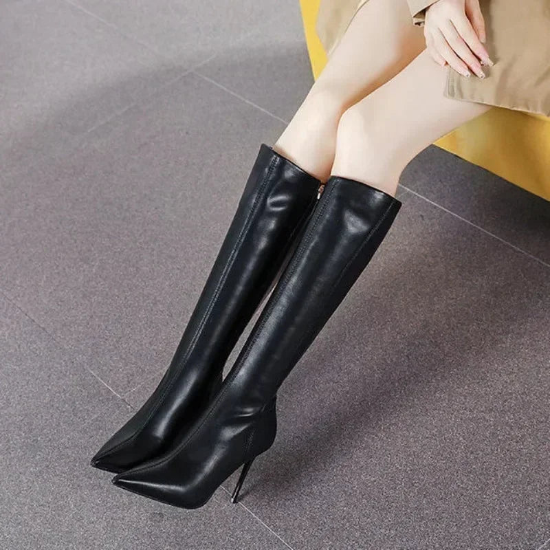 Women’s Sleek Pointed-Toe Knee-High Boots – Stiletto-Heel Side-Zip Leather-Look Winter Boots