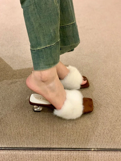 Women’s Faux-Fur Heeled Slippers – Cross-Strap Open-Toe Mules with Sculpted Block Heels