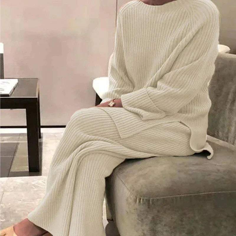 Women’s Ribbed Sweater and Wide-Leg Trouser Set – Cosy Two-Piece Winter Outfit
