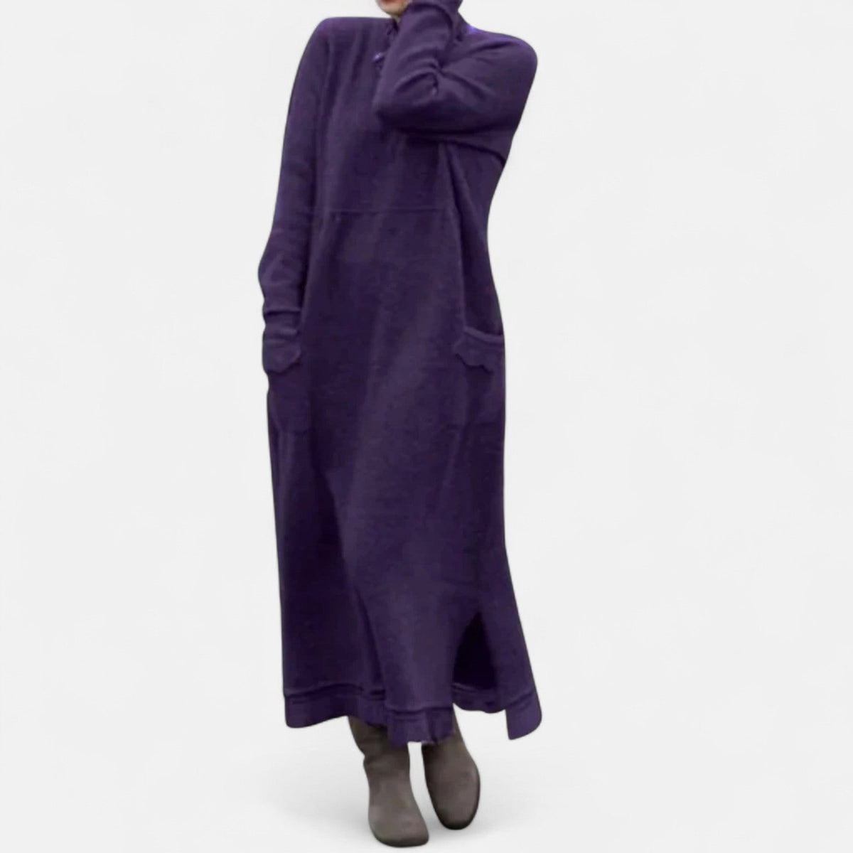 Women’s Knitted Maxi Dress – Stand-Collar Jumper Dress with Pockets