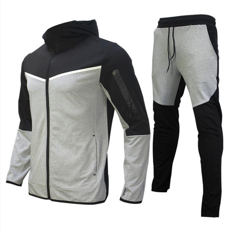 Men’s Performance Two-Piece Tracksuit – Hooded Zip-Up Jacket with Tapered Drawstring Jogger Trousers