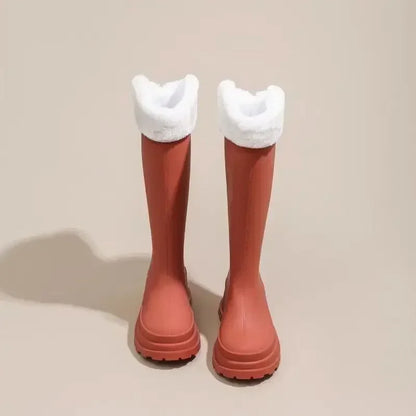 Women’s Plush-Lined Knee-High Rain Boots – Waterproof Rubber Boots with Non-Slip Chunky Sole