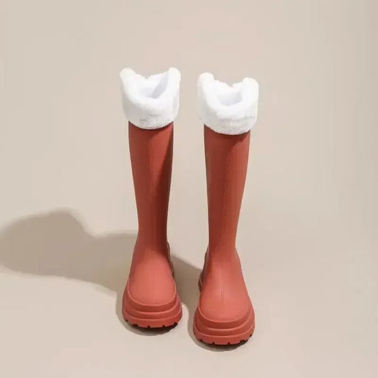 Women’s Plush-Lined Knee-High Rain Boots – Waterproof Rubber Boots with Non-Slip Chunky Sole