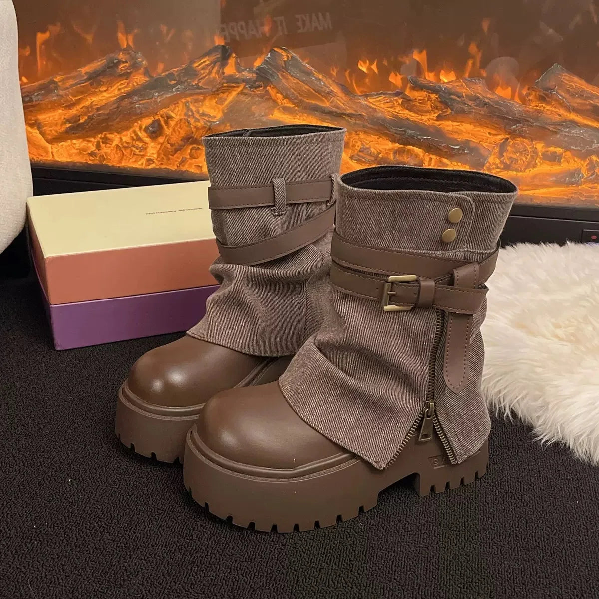 Women’s Leather-Look Buckle-Strap Platform Ankle Boots – Side-Zip Chunky-Sole Winter Combat Boots