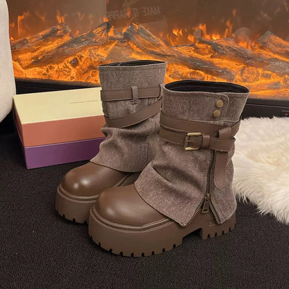 Women’s Leather-Look Buckle-Strap Platform Ankle Boots – Side-Zip Chunky-Sole Winter Combat Boots