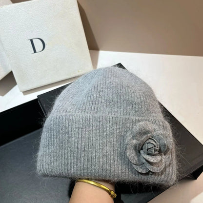 Women’s Rabbit-Fur Knit Winter Beanie – Soft Ribbed Warm Hat with Camellia Flower Detail