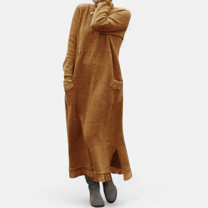 Women’s Knitted Maxi Dress – Stand-Collar Jumper Dress with Pockets