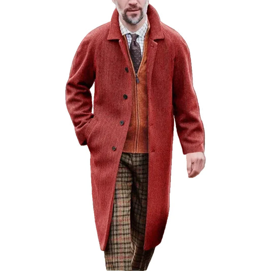 Men’s Herringbone Wool-Blend Overcoat – Smart Tailored Long Coat for Winter Business Casual and Formal Wear