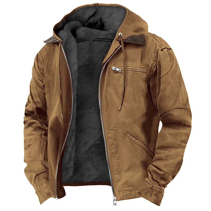 Men’s Fleece-Lined Hooded Jacket – Zip-Up Winter Coat with Multi-Pocket Utility Design