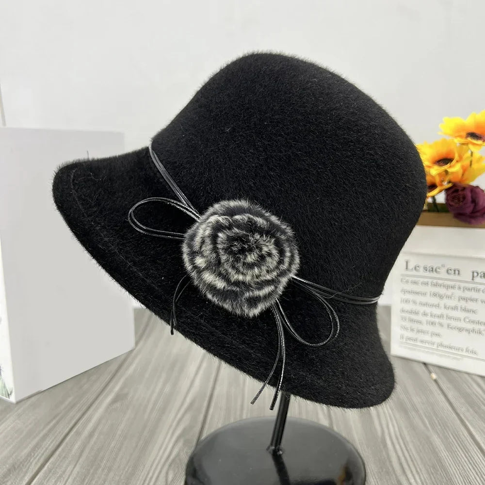 Women’s Wool-Blend Cloche Winter Hat – Vintage Dome Brim Cap with Floral Bow Detail