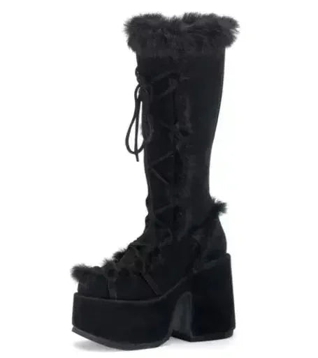 Women’s Faux-Fur Platform Snow Boots – Lace-Up Knee-High Winter Boots with Side Zip