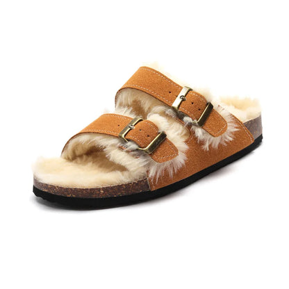 Women’s Plush-Lined Buckle Winter Slippers – Cosy Indoor Outdoor Sandals