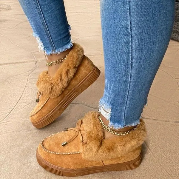 Women’s Plush-Lined Moccasin Winter Shoes – Faux-Fur Trim Slip-On Platform Loafers