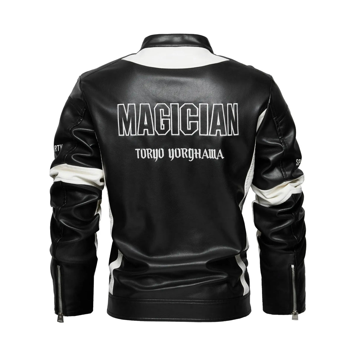 Men’s Embroidered Leather Biker Jacket – Racing-Inspired Zip-Up Design with Stand Collar