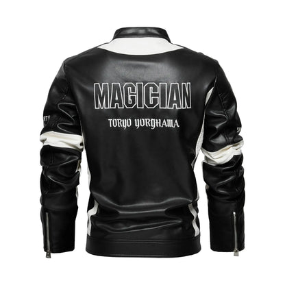 Men’s Embroidered Leather Biker Jacket – Racing-Inspired Zip-Up Design with Stand Collar
